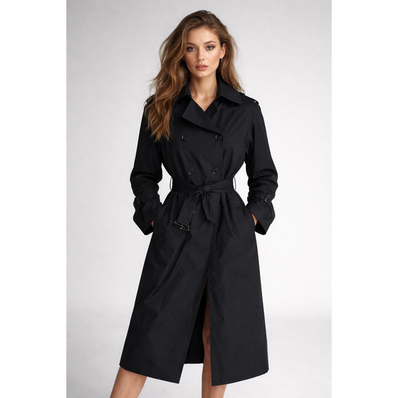 Burberry Black Trench Coat Nova Check Lined Belted Mid Length Wool Size L - Picture 2 of 9